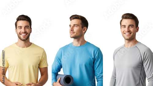 Three men in yellow blue and gray shirts standing against black background isolated on white transparent png background download