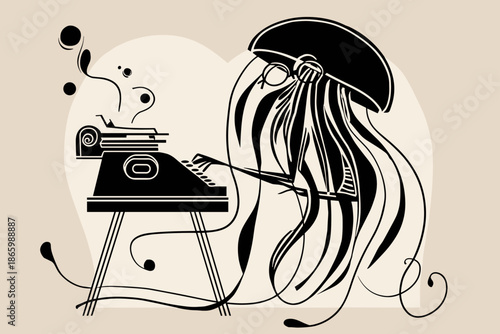 Surreal Underwater Typewriter with Jellyfish