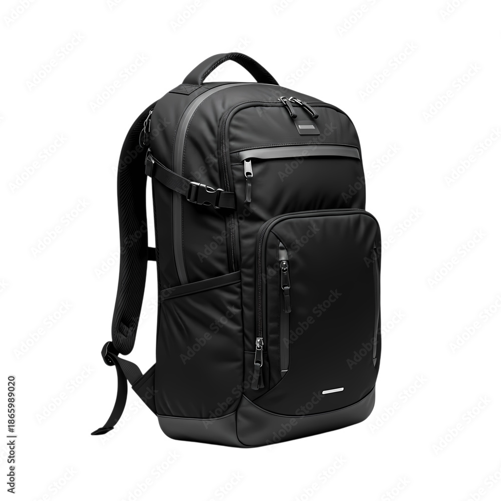 Naklejka premium Modern black travel backpack with multiple compartments, PNG with alpha channel and isolated subject
