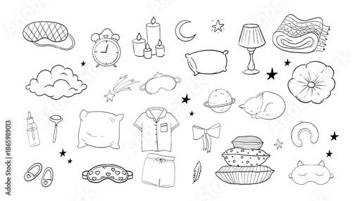 Sleep set hand drawn night symbols doodle. Pillow line bedroom relax, sleeping mask, stars and moon. Warm cozy clothes, socks. Sleepy mood, 