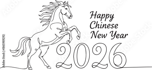 Black and white vector illustration of rearing horse with “Happy Chinese New Year 2026” text