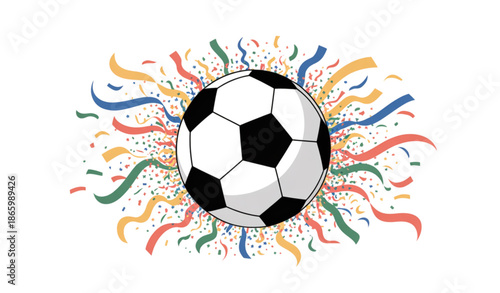 Soccer championship triumph background illustration with ball and festive confetti