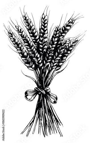 Hand drawn line art illustration of a wheat bundle depicting ears tied with a bow for agricultural and bakery themes