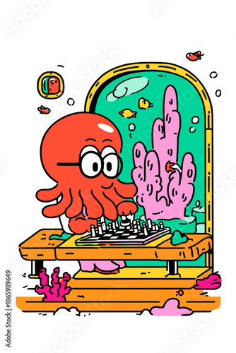 Colorful Cartoon Brain Playing Chess with Intense Focus