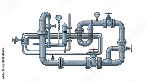 Complex industrial pipeline system with various pipes, valves, pressure gauges, and connections, illustrating a sophisticated fluid or gas processing plant.