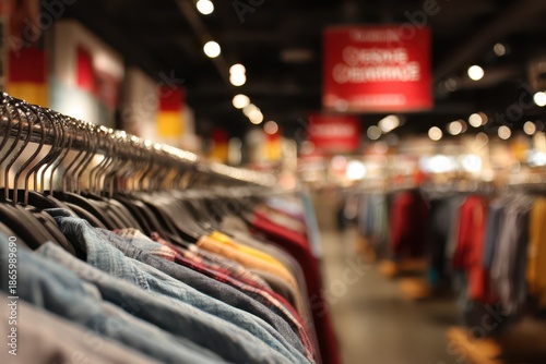 Wallpaper Mural Close-up of hanging garments in a discount clothing store with a bold red clearance sign Torontodigital.ca