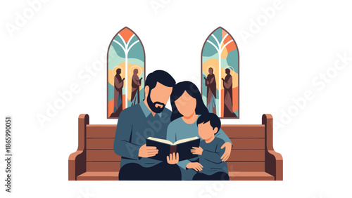 Family of three, mother, father, and young child, sitting on a church pew and reading a book together, with stained glass windows in the background.