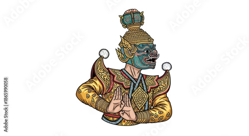 Detailed Illustration of a Traditional Thai Masked Dancer.