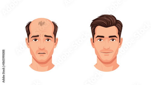 Detailed comparison of a man with visible hair loss and an unhappy expression to the same man with a full, confident head of hair and a smile.