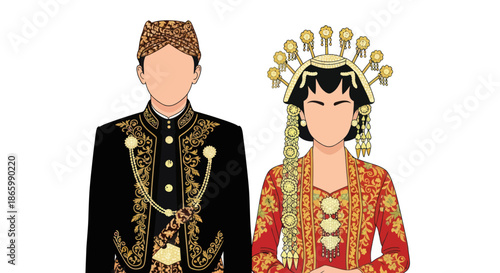 Faceless illustration of an Indonesian couple in traditional Javanese wedding attire.