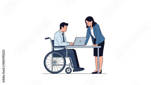 Businesswoman assisting a male colleague in a wheelchair using a laptop at a desk, illustrating modern workplace inclusivity and collaborative work environment.