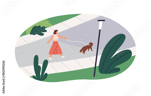 Owner and her dog walk together in park in summer. Woman strolls puppy outdoors. Happy person leads pup on leash in public place, urban street. Flat isolated vector illustration on white background