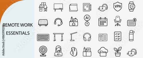 remote work essentials and home office productivity outline icons set
