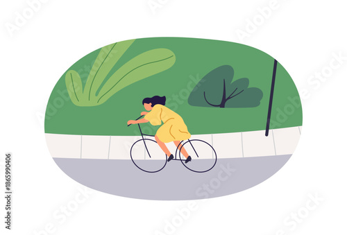 Happy girl is cycling on paths in park. Active kid rides bicycle on sidewalk in summer. Child walks by bike outdoors. Cyclist is on urban street. Flat isolated vector illustration on white background