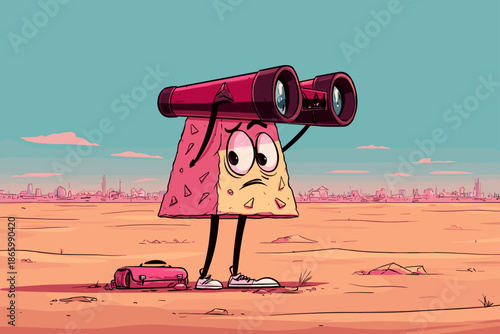 Cartoon Character Exploring a Desert Landscape with Binoculars