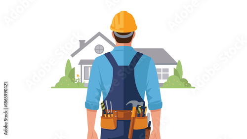Professional handyman or construction worker from behind, wearing a hard hat and tool belt, standing in front of a house, symbolizing home repair services.