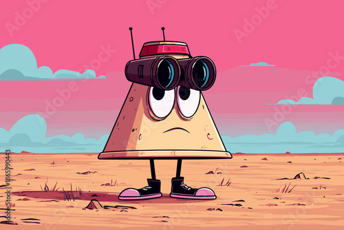 Cartoon Character Exploring a Desert Landscape with Binoculars
