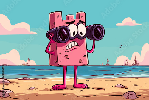 Cartoon Character Exploring a Desert Landscape with Binoculars