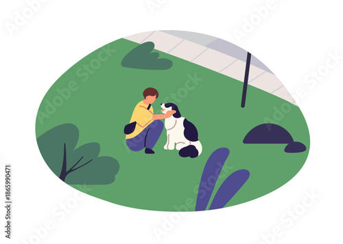 Owner strolls dog in park, trains obedience, commands. Woman and puppy walk outdoors together. Person pets pup, has fun with animal in nature. Flat isolated vector illustration on white background
