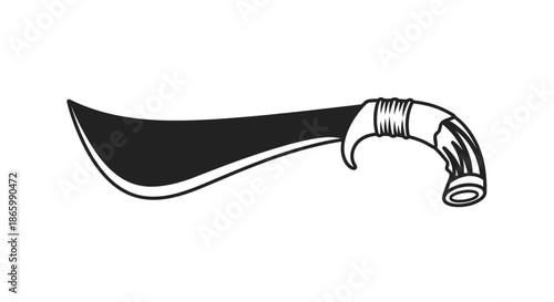 Vintage Black and White Curved Blade Machete Knife Illustration.