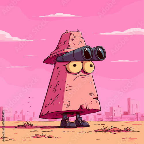 Cartoon Character Exploring a Desert Landscape with Binoculars