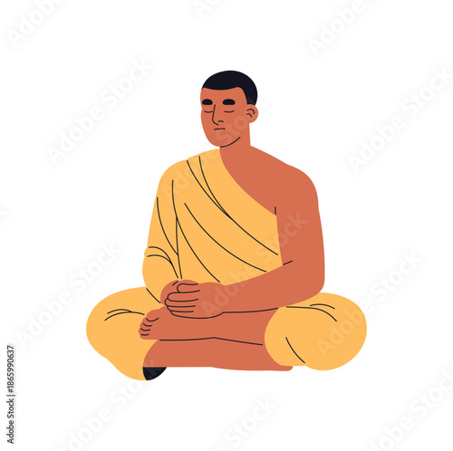 Monk in lotus pose prays in wat. Buddhist in traditional clothes meditates on the floor. Buddhism religion, belief in Buddha. Religious man sits with prayer. Flat isolated vector illustration on white