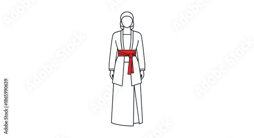 Woman in Traditional Dress with Red Sash Full Length Line Art Illustration.