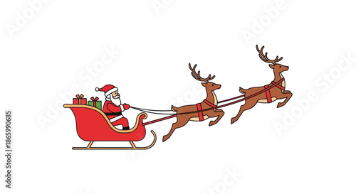 Santa Claus riding a sleigh pulled by reindeer carrying gifts.