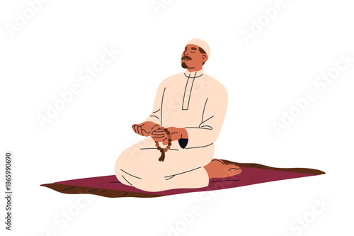 Arab with Islam religion, Islamic belief prays to Allah. Muslim in traditional clothes does rosary on prayer rug. Moslem does salah, namaz on mat. Flat isolated vector illustration on white background