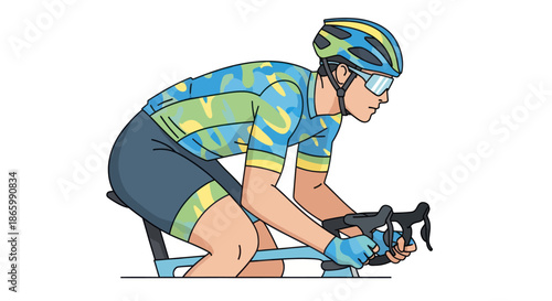 Cyclist in aerodynamic position wearing helmet and cycling gear.