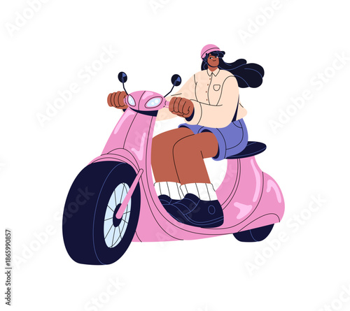 Happy black girl in safety helmet rides a pink moped. Young woman drives a cute electric scooter, motorcycle. Modern urban transport, motorbike. Flat isolated vector illustration on white background
