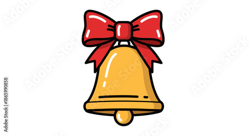 Festive Golden Christmas Bell with Red Ribbon Bow.