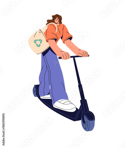 Happy young woman rides an electric kick scooter. Girl carries canvas bag on eco clean urban transport. Person is on ecofriendly vehicle. Flat isolated vector illustration on white background