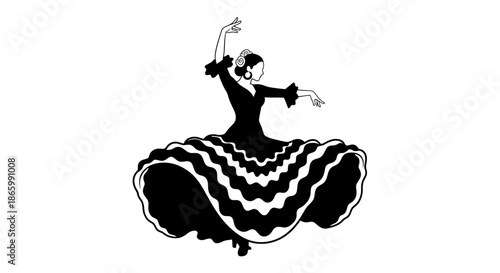 Elegant Flamenco Dancer in a Flowing Black Dress with Ruffles.
