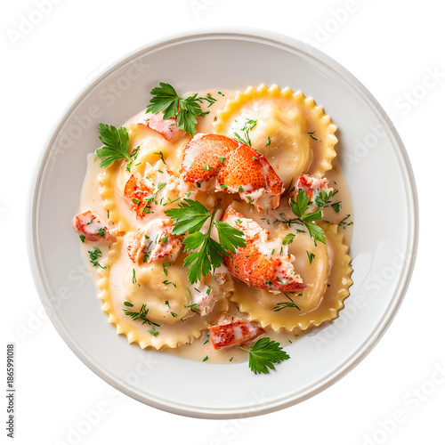 Lobster ravioli plate, isolated on white background, realistic, studio lighting, centered, no shadow, transparent background