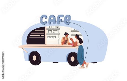 Customer makes order in food truck. Woman buys coffee in cafe outdoors. Vendor sells drinks to people from van. Caravan with beverages on street. Flat isolated vector illustration on white background