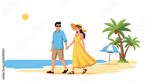Happy couple in summer attire walking hand-in-hand along a tropical beach with palm trees and a parasol, enjoying a sunny vacation getaway.