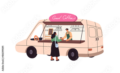 Woman buys coffee in food truck. Vendor sells drinks in van stall on street. Outdoor cafe with takeaway beverages, snacks in caravan, trailer. Flat isolated vector illustration on white background