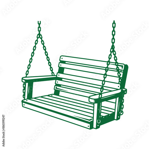 Green outdoor wooden swing with chains for leisure and relaxation in gardens or parks