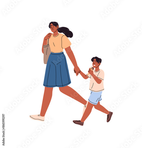 Happy family walks together and holds hands. Mother carries a bag, kid eats ice cream on the go. Parent and child stroll outdoors in summer. Flat isolated vector illustration on white background