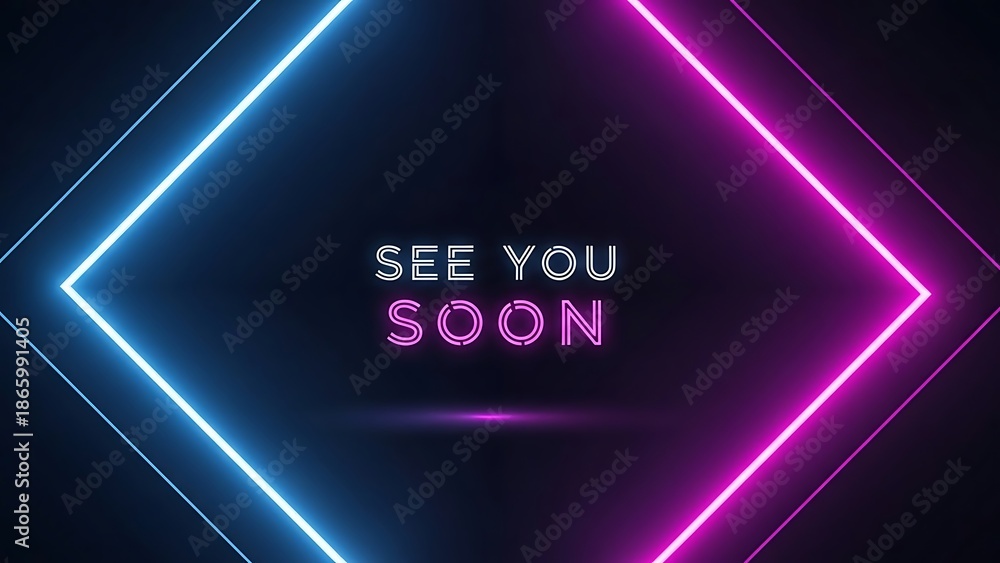 Obraz premium Neon sign with see you soon text in blue and pink lights on dark background