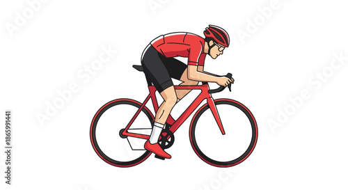 Athletic cyclist in red racing gear riding a red bicycle with determination.