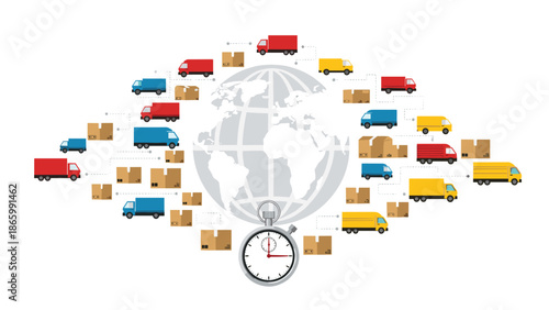 Global logistics network with trucks and packages moving around a stylized Earth, featuring a stopwatch, representing efficient worldwide delivery and transportation.