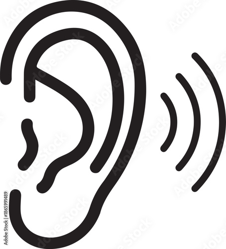 Black and white line art icon representing a human ear with sound waves indicating hearing or listening