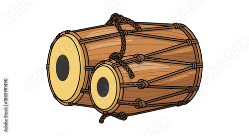 Traditional Indian Dholak Drum with Wooden Body and Rope Lacing.