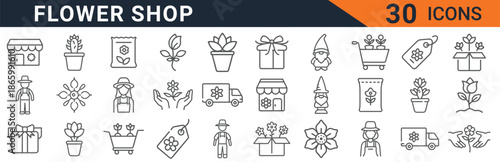 A comprehensive vector illustration set showcasing thirty distinct line icons representing various aspects of a charming flower shop business including plants, staff, delivery, and gifting elements