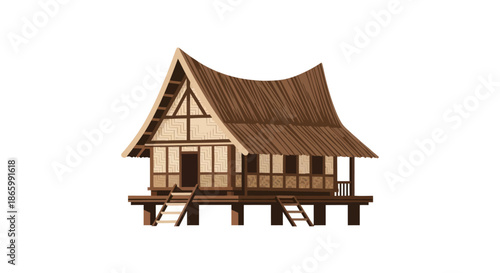 Traditional Southeast Asian Stilt House with Distinctive Roofline.