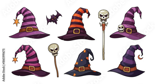 Collection of pixel art halloween witch hats skulls and magical staffs
