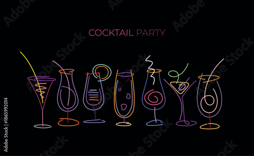 Cocktail Glasses Neon Line Art Design Elements