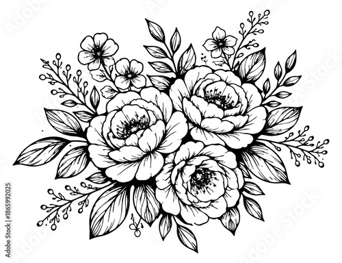 Hand drawn line art illustration of a floral bouquet depicting blossoming flowers and leaves for elegant decoration